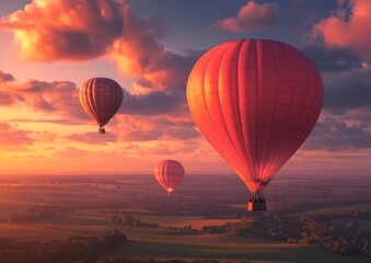 Obraz premium Experience breathtaking sunset views from above during a hot air balloon adventure; capture incredible aerial photos
