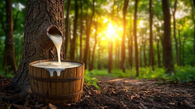 Fresh Latex Dripping from Rubber Tree into Wooden Container in Forest