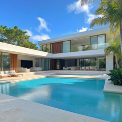 Modern luxury home with pool and palm trees under a clear sky