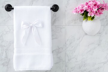 Elegant White Bath Towel with Bow - Luxurious white bath towel with a delicate satin bow detail, hanging in a modern bathroom setting.  Perfect for hotels, spas, or home use.