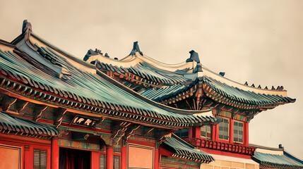 Obraz premium Vintage painting of gyeongbokgung palace rooftops in traditional korean architecture style. Architectural Style. Illustration