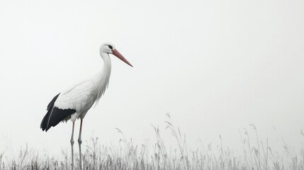 Fototapeta premium White stork in foggy field, nature scene, wildlife