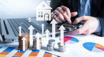 Real Estate Investment and Market Growth Concept. Analyzes real estate market growth trends. Graph show rising house price, interest rate, property mortgage, loan home, and investment opportunities.