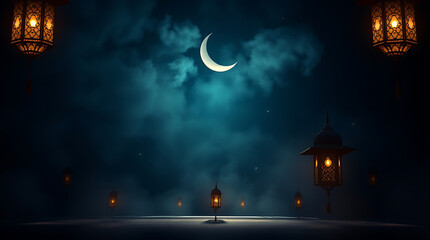 Serene Ramadan Kareem Background with Crescent Moon, Glowing Traditional Lanterns, and Mystical Night Sky - Islamic Festive Atmosphere for Holy Month Celebrations