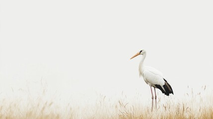 White stork in tall grass, misty field, nature scene, wildlife © SlashStd