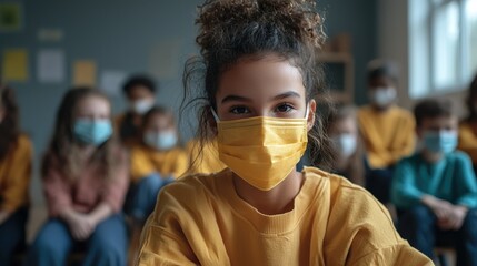 Children wearing protective masks in classroom setting during health care measures