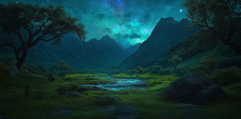 The rugged mountains of Green Valley frame the sky in a celestial backdrop