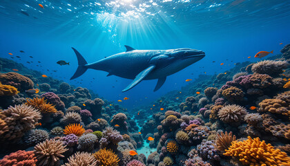 Obraz premium A large whale glides gracefully through a colorful underwater landscape filled with coral formations and tropical fish. Sunlight beams filter through the water, illuminating the scene