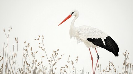 Fototapeta premium White stork standing in dried grass, peaceful nature scene, wildlife illustration