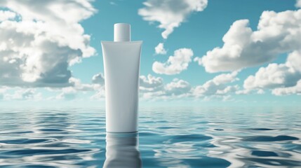 White tube floating ocean, sunny sky, product packaging mockup