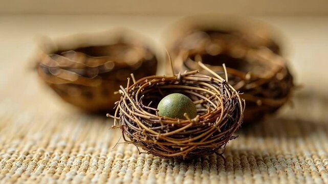 A nest with a single egg in the center. The nest is made of twigs and branches