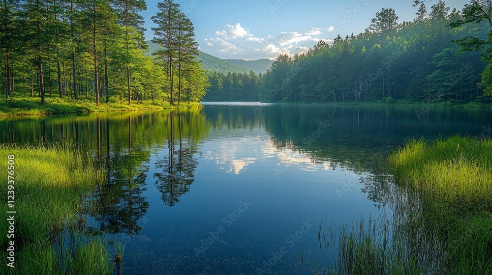 Poster Lush greenery hugs the edges of a placid lake as soft waves ripple gently in the serene dusk light. Reflections of distant trees create a calming harmony with the peaceful water