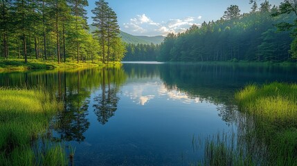 Obraz premium Lush greenery hugs the edges of a placid lake as soft waves ripple gently in the serene dusk light. Reflections of distant trees create a calming harmony with the peaceful water