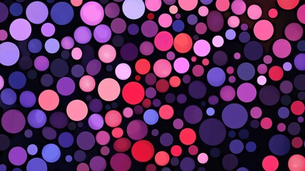 Vibrant polka dots spanning soft pink, purple, red, and blue hues dancing against deep dark backdrop, generating whimsical graphic pattern