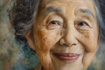 A close-up portrait of an elderly woman with a warm, joyful smile, symbolizing wisdom, happiness, and the beauty of aging gracefully.