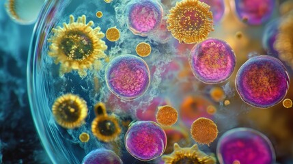 Engaging exploration of cells and microorganisms highlighted by various colors representing biological structures. Focused on the dynamic interactions occurring at the microscopic level