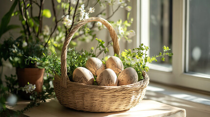 Eco-Friendly Easter Basket with Nature-Inspired Eggs