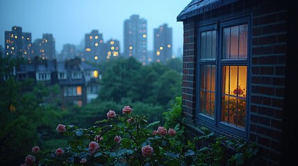Rain falls softly on roses near a city window at dusk