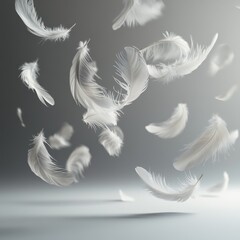 Feathers fly in the air on a gray background. 3d rendering