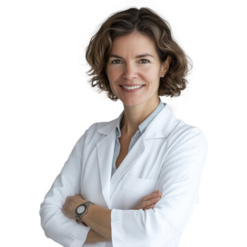 Uma mulher, talvez uma m&eacute;dica ou quem sabe uma dentista ou at&eacute; mesmo uma profissional de  laborat&oacute;rio, sorri, cruza os bra&ccedil;os e olha para a c&acirc;mera, fundo transparente