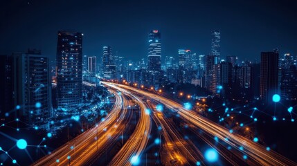 Fototapeta premium Illuminated network lines connecting sleek skyscrapers, revealing digital connectivity and technological innovation during nighttime urban landscape