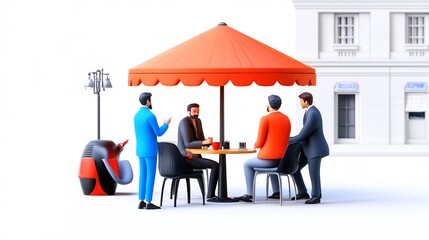 Fototapeta premium Young friends chatting at cafe table with blurred surroundings
