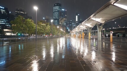 Luminous city lights mirroring rain soaked waterfront walkway, nighttime scene near bus shelter in sydney's darling harbour