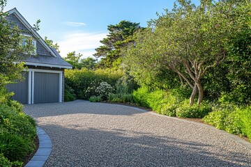 Fototapeta premium Gravel driveway by the coast featuring mature trees bushes and a gray garage