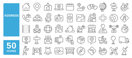 Set of 50 line icons related to address, location, map, contact, home, pin, destination, path, direction, place, route, Editable stroke. Vector illustration
