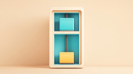 Pastel colored boxes in a minimalist elevator like structure against a beige background. Simple, clean design.