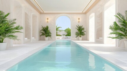 Luxurious Indoor Pool in a Bright White Marble Spa with Lush Greenery