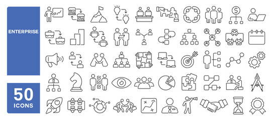 Set of 50 line icons related to enterprise, project, network, business, management, partner, corporate, market, vision, commerce, Editable stroke. Vector illustration