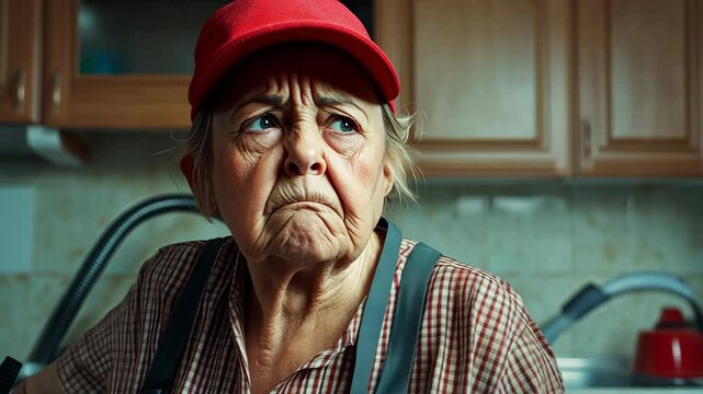 Pushing towards close-up of an older woman wearing a red baseball cap, looking displeased with vacuum cleaner. Her wrinkled face shows strong character and determination.