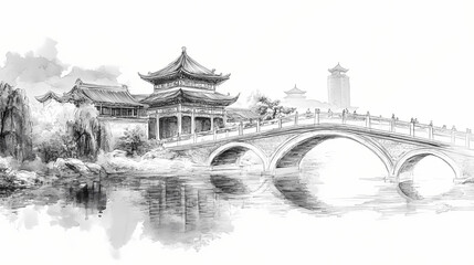 Ancient architecture style of chinese city with lake and bridge white background as sketch painting. Architectural Style. Illustration