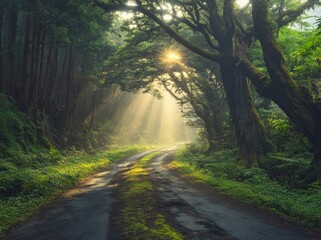 Fototapeta premium Winding trails through lush woodlands in the mystical forest beckon, inviting an enchanting journey