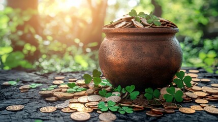 Saint Patrick's DayPot of Gold Coins with Shamrocks Lucky Charms Irish Holiday Tradition