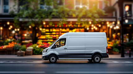 White Delivery Van Parked on Urban Street with Fresh Market Background