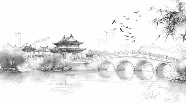 Ancient architecture style of chinese city with lake and bridge white background as sketch painting. Architectural Style. Illustration