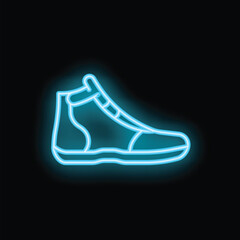 Neon sign of a blue sneaker glowing on a black background