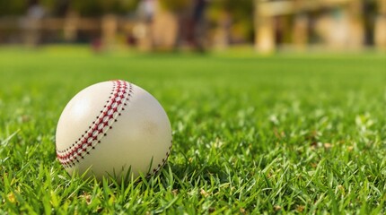 A closeup view of a baseball resting on fresh grass, set against a blurred field background under bright sunlight. Perfect for sports themes, outdoor summer imagery, or recreational concepts.