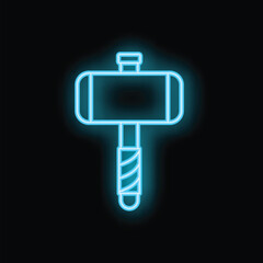 This neon blue hammer icon is glowing against a black background, symbolizing construction, power, and diy projects
