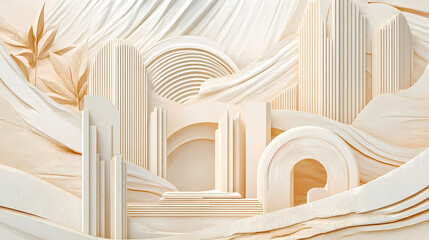 Fototapeta premium Curved ivory natural contour features with geometric textures for wallpaper mural design. Architectural Style. Illustration