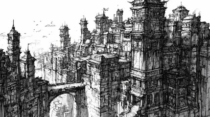 Fototapeta premium Detailed pen-and-ink cityscape sketch, architectural style. Architectural Style. Illustration