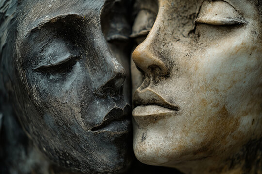 Intimate Stone Sculptures: Two Faces Touching, Ancient Art, Emotional Connection, Marble Beauty, Symbolic Love, Classical Design, Timeless Craft