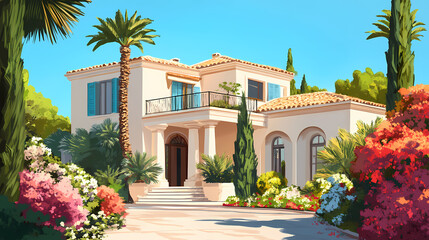 Fototapeta premium Elegant mediterranean villa exterior with blooming plants in modern architecture style. Architectural Style. Illustration