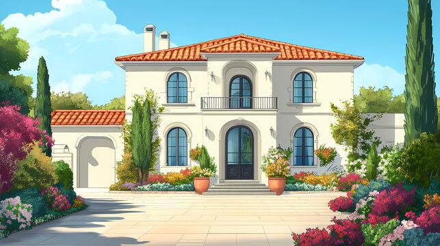 Elegant mediterranean villa exterior with blooming plants in modern architecture style. Architectural Style. Illustration
