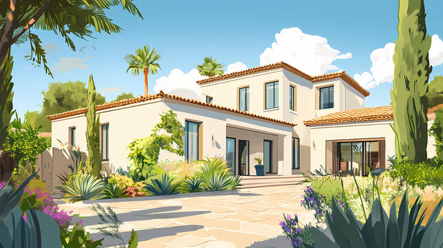 Elegant mediterranean villa exterior with blooming plants in modern architecture style. Architectural Style. Illustration