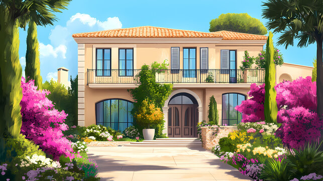 Elegant mediterranean villa exterior with blooming plants in modern architecture style. Architectural Style. Illustration