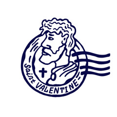 Fototapeta premium A hand-drawn, vintage-style illustration of Saint Valentine in a postmark design, symbolizing love and Valentine's Day celebration. 