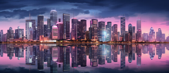 Fototapeta premium Stunning city skyline at dusk with vibrant lights reflecting on water. modern architecture showcases blend of skyscrapers and urban beauty, creating captivating atmosphere